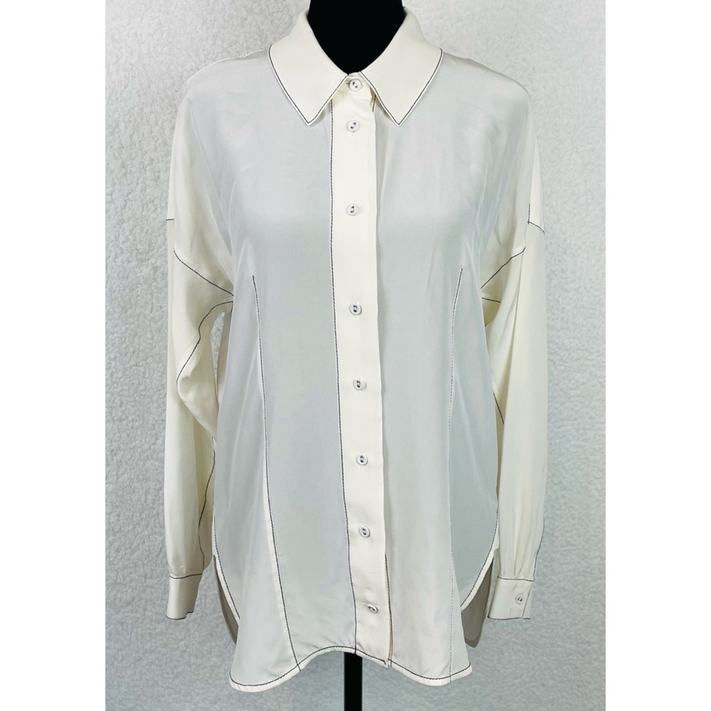 ALEXIS • 100% Silk White/Black Contrast Long Sleeve Button-Down Shirt, S - Picture 9 of 13